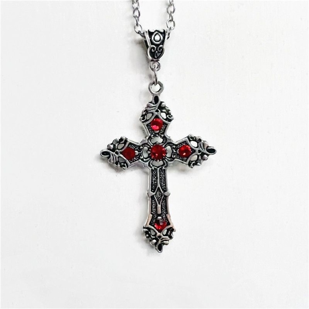 Elegant Silver Accent and Red Cross Pendant Necklace